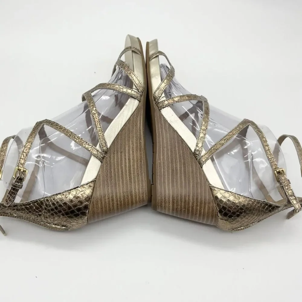 Eileen Fisher Women's 9.5 Gold Strappy Platform Wedge Shoes Sandals‎ Back Zip